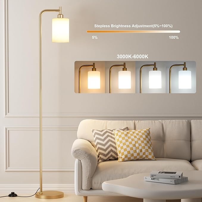 Ziisee Floor Lamps for Living Room - Industrial Standing Lamp with Remote Control Glass Shade, Modern Gold Floor Lamp with LED Bulbs, Tall Lamp for Bedroom Office - Gold