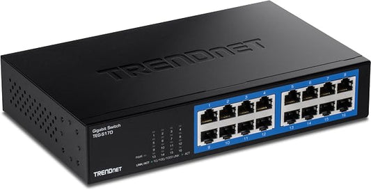 TRENDnet 16-Port Gigabit Desktop Switch, TEG-S17D, 16 x Gigabit RJ-45 Ports, 32Gbps Switching Capacity, Ethernet Splitter, NDAA & TAA Compliant, Internal Power Supply, Lifetime Protection, Black