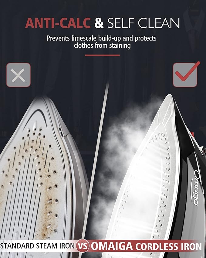 OMAIGA Cordless Iron for Clothes, 1500W Fast-Heating Steam Iron with Non-Stick Ceramic Soleplate,Burst of Steam for Clothes, Auto Shut Off, Self-Clean,3 Temperature Settings, 11.84oz Water Tank, Black