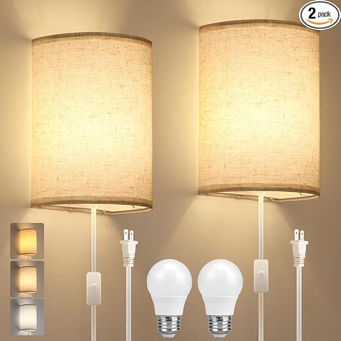 Plug in Wall Sconce, 3 Color Wall Sconces Set of Two, Industrial Lamp with Plug in Cord, Rustic Wall Sconce Fixture, On/Off Switch Vintage Wall Light Fixture for Headboard Bedroom Porch (Beige)