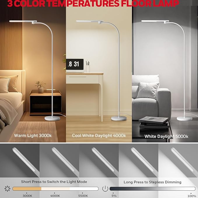 Honeywell LED Floor Lamp for Reading, CRI97 Full Spectrum Gooseneck Floor Lamp with Remote, Eye-Caring Dimmable Standing Task Light, 3 Color Temperatures, 77.5" Tall for Living Room Bedroom Office