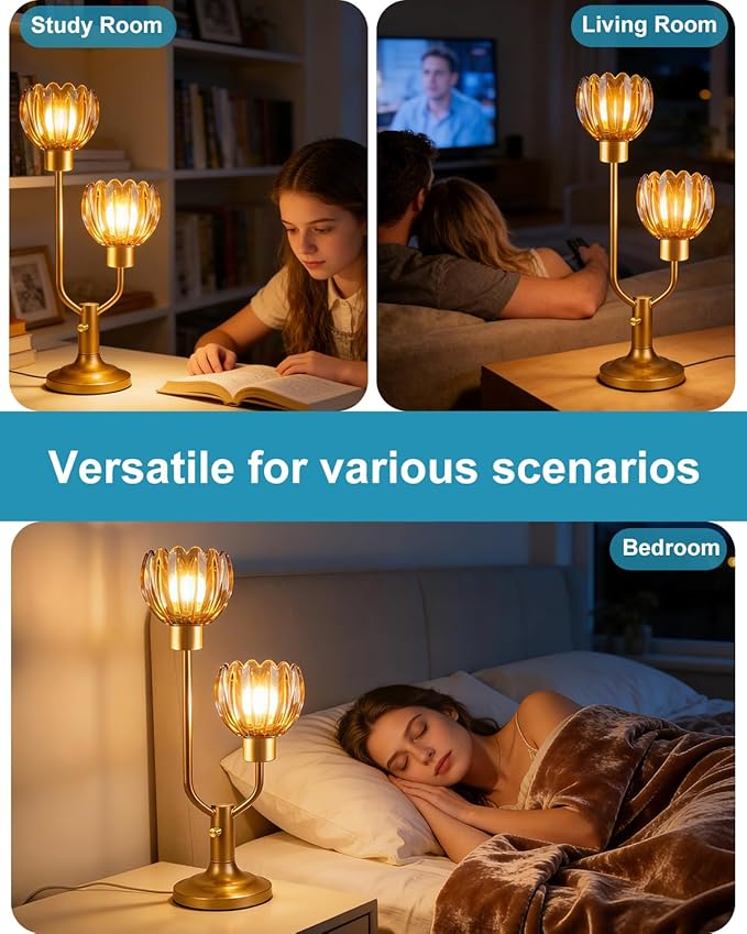 Lightdot Mid Century Modern Flower Table Lamp Dimmable Nightstand Lamp Amber Glass Vintage Gold Desk Lamp 2 Bulbs Included Warmwhite Ambient Bedside Lamp for Bedroom Living Room Home Office Decor Gift
