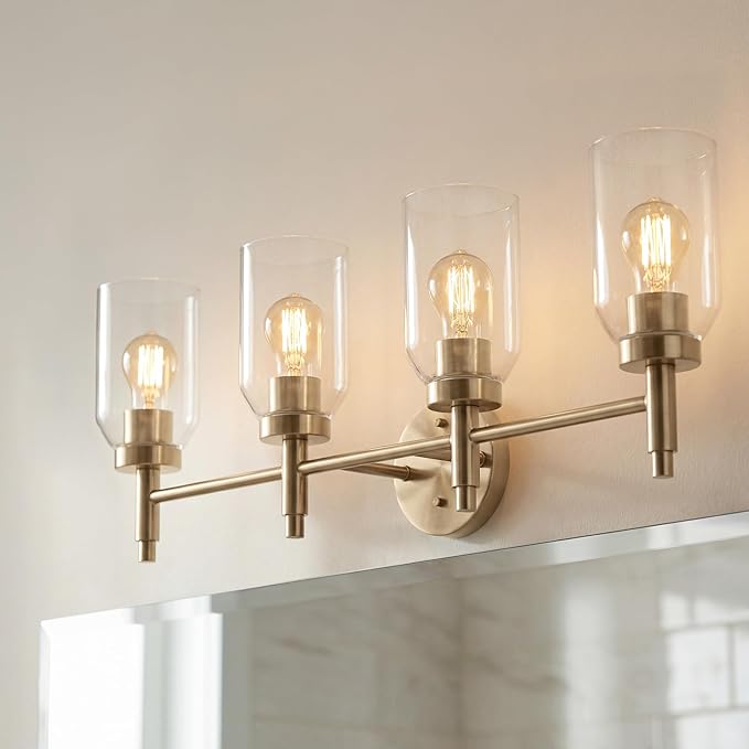 Kichler Madden 4-Light Bathroom Vanity Light Fixture with Clear Glass Shades in Champagne Bronze, Modern Wall Mount for Single or Double Vanity Over Mirror (10.5" x 34"), 55186CPZ