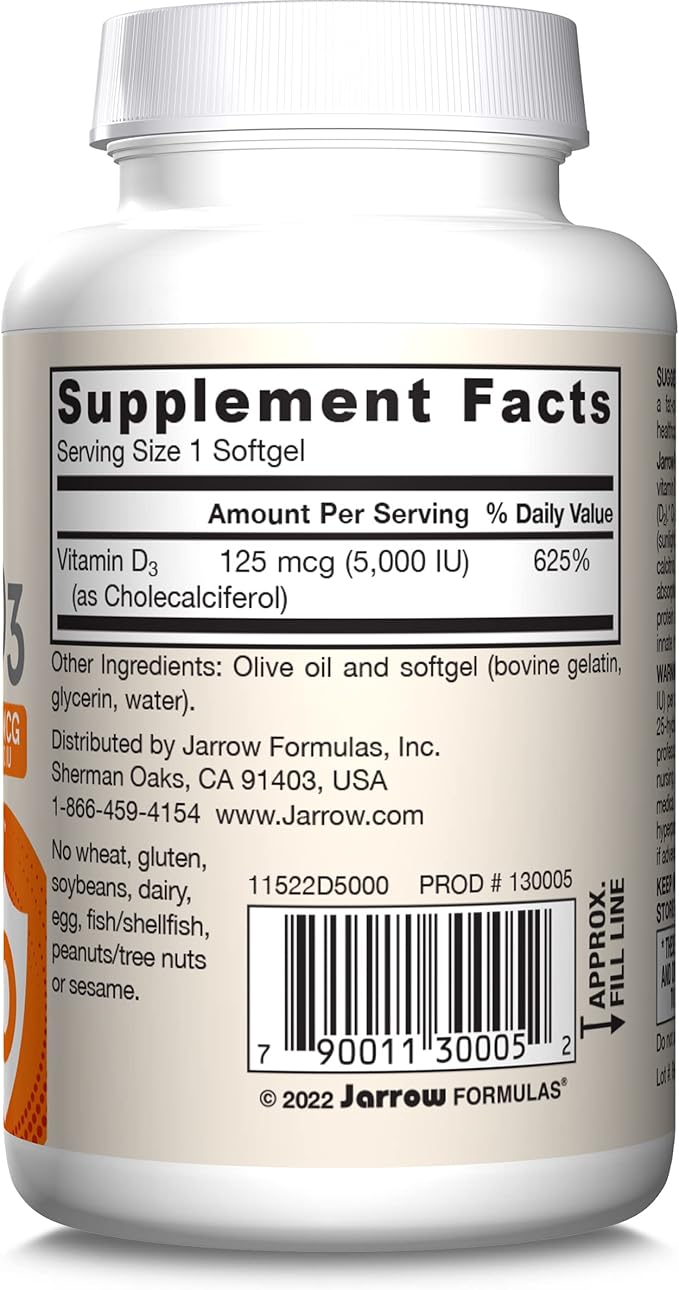 Jarrow Formulas ビタミンD3 125mcg (5000 IU) - 100回分 (ソフトジェル) - 骨の健康、免疫サポート、カルシウム代謝サポート - ビタミンDサプリメント - 5000 IU ビタミンD - グルテンフリー (2個パック)