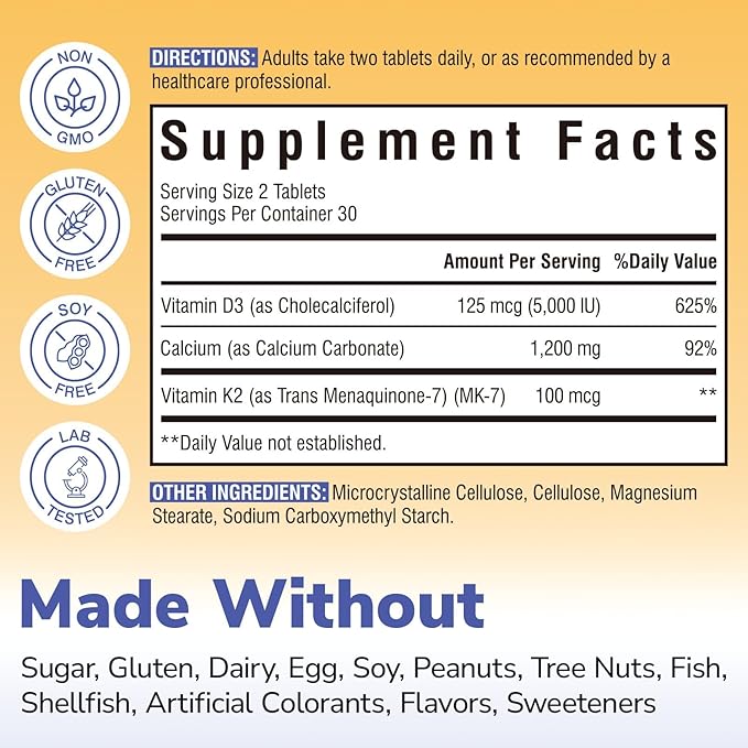 Complément D3 K2 Calcium pour Femmes et Hommes, Vitamine D3 5000 UI, Calcium 1200 mg, MK-7, Haute Absorption, pour des os, des dents, un cœur et un système immunitaire solides, 60 Comprimés
