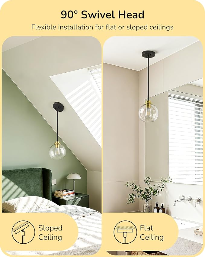 EDISHINE Mid Century Kitchen Pendant Lighting Over Island 2 Pack, Clear Glass Globe Shade, Hardwired Black and Gold Adjustable Hanging Light Fixtures for Dining Room, Entryway