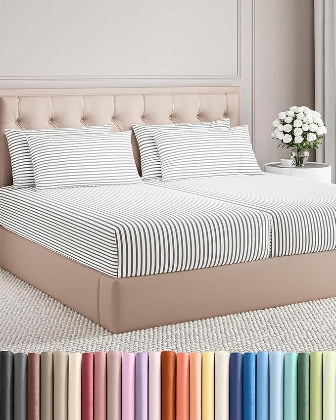 Split King 7 Piece Sheet Set - Comfy Breathable & Cooling - Soft Hotel Luxury Bedding Set w/ 8-16 Inch Deep Pockets - 1 Flat & 2 Fitted Sheet & 4 Pillowcases - Cozy and Wrinkle Free - Grey Stripes 2