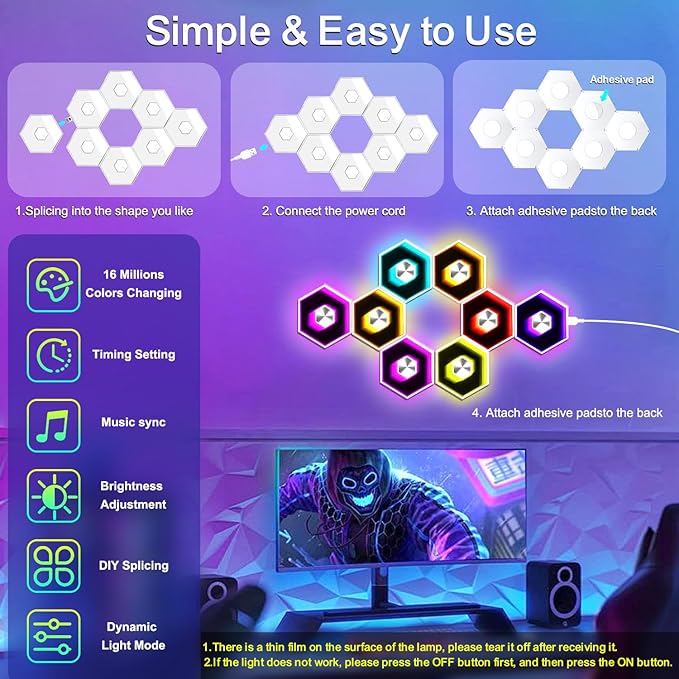 Hexagon LED Lights - 8 Pack Smart APP RGB Gaming LED Light with Remote Control & Music Sync Honeycomb Shape Hexagon Wall Lights for Bedroom, Living Room Wall, Gaming Decor