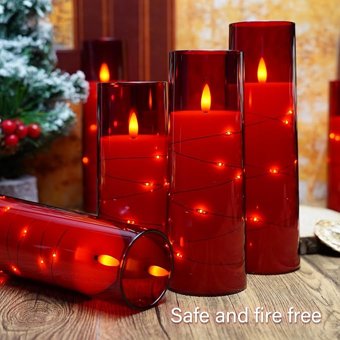 kakoya Flameless LED Candles with Timer 9 Pc Flickering Flameless Candles for Romantic Ambiance and Home Decoration Stable Acrylic Shell,with Embedded Star String，Battery Operated Candles（Red）