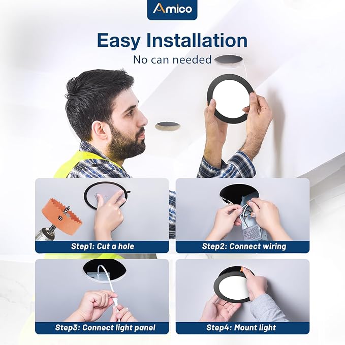 Amico 20 Pack 6 Inch 5CCT Ultra-Thin LED Recessed Ceiling Light with Junction Box, 2700K-5000K Selectable, 12W Eqv 110W, Dimmable Can-Killer Downlight, 1050LM Wafer Lighting, Black-ETL