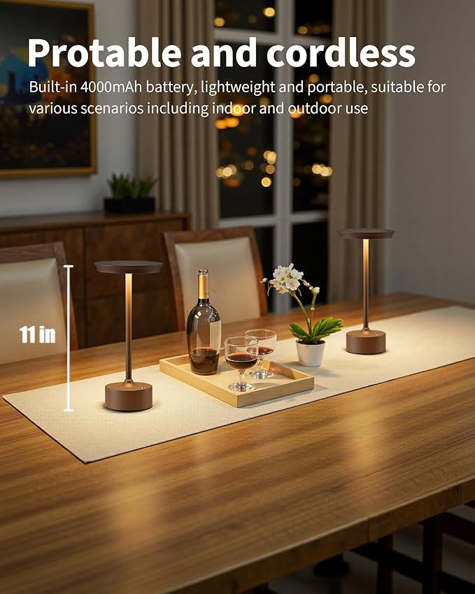 PUSU Rechargeable Table Lamps Set of 2, Brown Cordless LED 4000mAh Battery Desk Lamp, Stepless Dimming & 3 Color 2700K-6000K, Portable Lamp for Bedroom, Living Room, Restaurant, Outdoor, Night Light