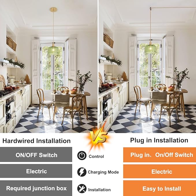 Shenmoyl Plug in Pendant Light Hanging Light Fixtures with Plugin Cord On/Off Switch,Green Striped Glass Lampshade Brass Pendant Light