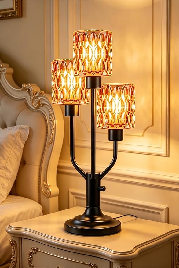 Mid Century Modern Table Lamp for Living Room Dimmable Nightstand Lamp Black Vintage Desk Lamp with Red Glass 3 Bulbs Included Warmwhite Ambient Bedside Lamps for Bedroom Office Home Decor