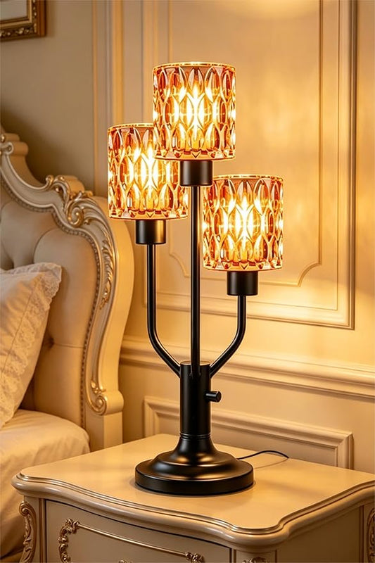Mid Century Modern Table Lamp for Living Room Dimmable Nightstand Lamp Black Vintage Desk Lamp with Red Glass 3 Bulbs Included Warmwhite Ambient Bedside Lamps for Bedroom Office Home Decor