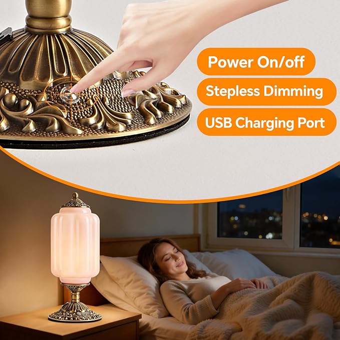 Milk Glass Table Lamp, Touch Control with USB Charging Port Vintage Bedside Desk Lamp Stepless Dimming for Bedroom Living Room Nightstand Led Bulbs Included （Pink）