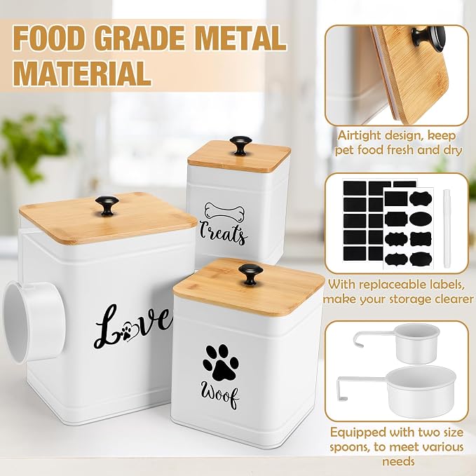 Jingmore Metal Dog Treat Containers Set of 3 with Bamboo Lids and Spoon Airtight 7+3+2 lbs Dog Food Snack Jars with DIY Labels Big Pet Cookie Storage Jar for Kitchen Counter(White,Modern)
