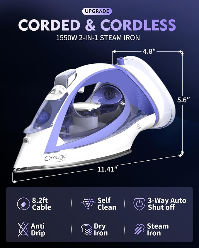 OMAIGA Cordless Steam Iron for Clothes, 1550W 2-in-1 Cordless and Corded Iron with Rapid Heat, Ceramic Soleplate, 3-Way Auto-Off, 12.85 oz Water Tank, Lavender
