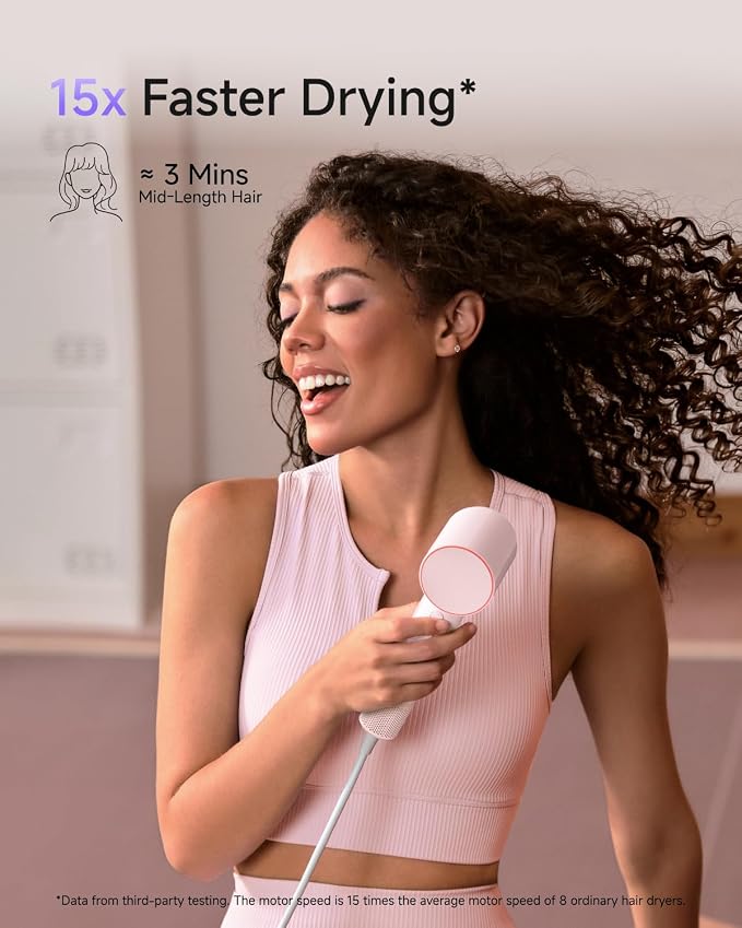 Laifen Air Hair Dryer, Lightweight and Palm-Sized Compact, 15× High-Speed Drying with 110, 000 RPM Powerful Motor, Smart Temperature Control, 200 Million Negative Ions, 5 Modes & 2 Airspeeds, Pink