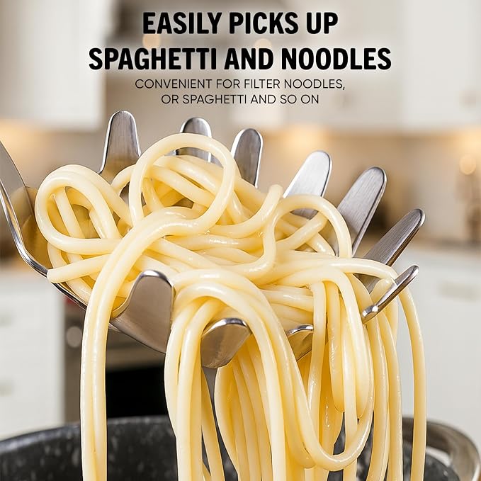 Newness 304 Stainless Steel Spaghetti Server with Teeth and Spaghetti Tong | [Rustproof, Integral Forming, Durable] Pasta Spoon with Teeth, Vacuum Ergonomic Handle, Comfortable Grip Design Pasta Server