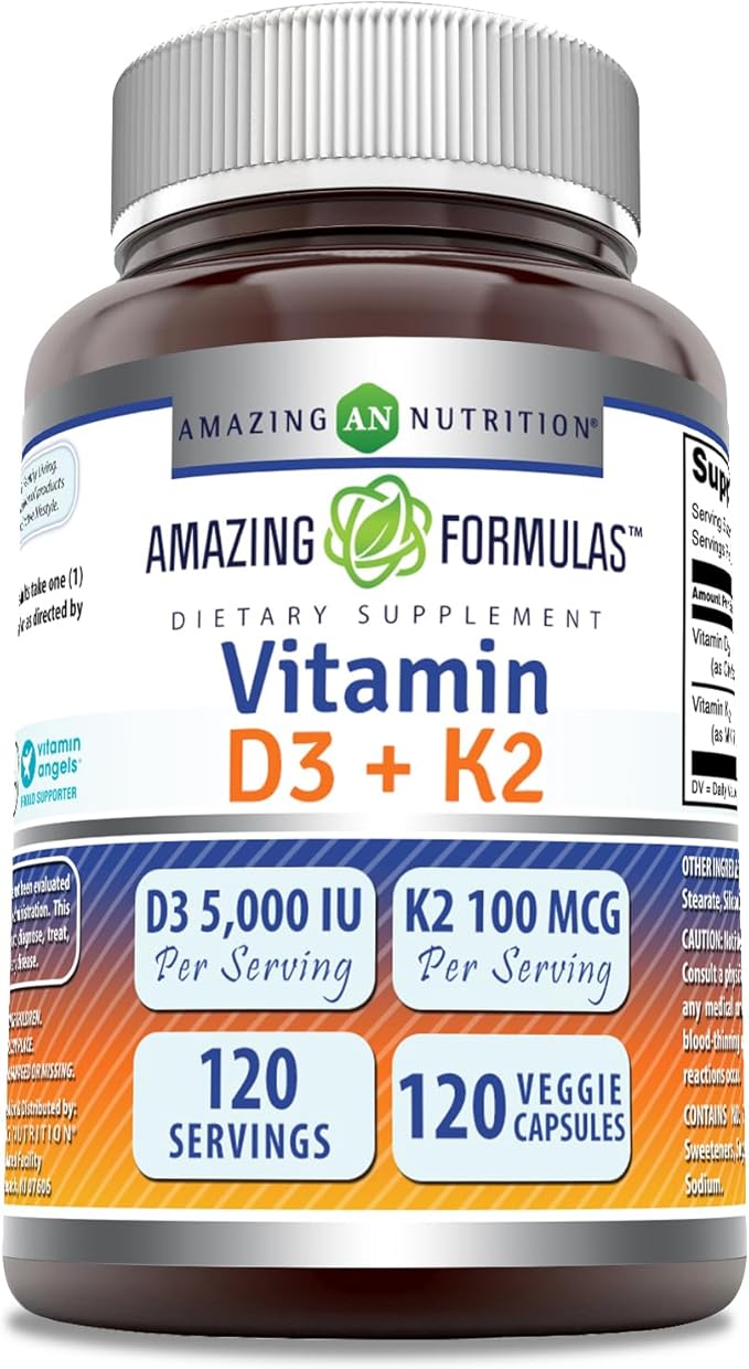 Amazing Formulas Vitamine D3 5000 UI avec Vitamine K2 100 mcg | 120 Gélules Végétales | Sans OGM | Sans Gluten | Fabriqué aux États-Unis