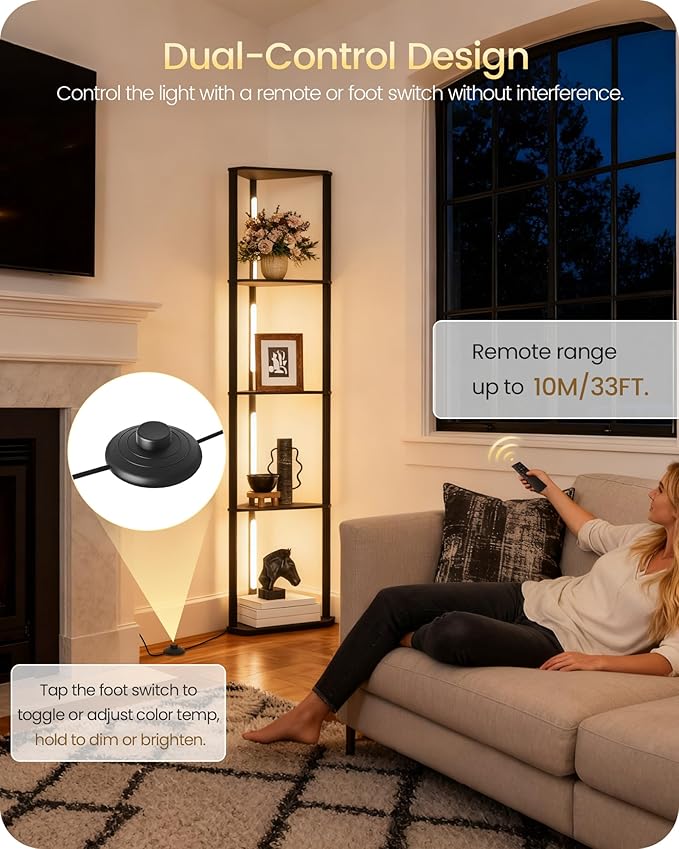 63.4” Display Shelf with Light, Modern Corner Floor Lampe with Shelves, LED Dimmable Standing Lamp with Remote for Living Room, Bedroom, Office, Adjustable CCT, Black Triangle B55LD05