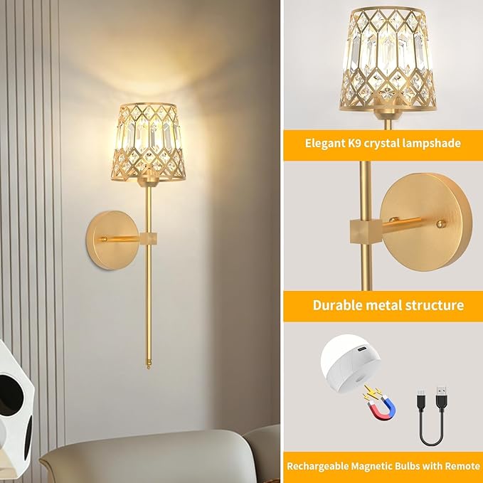 Gold Battery Operated Wall Sconces Set of 2, Crystal Rechargeable Wireless Wall Sconce Light Fixtures for Home Decor, Dimmable 12 RGB and 3CCT Wall Lamps with Remote for Living Room Bedroom Hallway