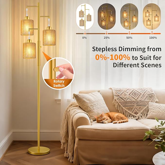 Hotsonic 72" Tall Boho Rattan Style Floor Lamp with Hand-Woven Paper Cord Shade, Dimmable Industrial Tree Standing Lamp for Living Room, Bedroom, Study Room, Office (3 x 800LM Bulbs Included) - Gold