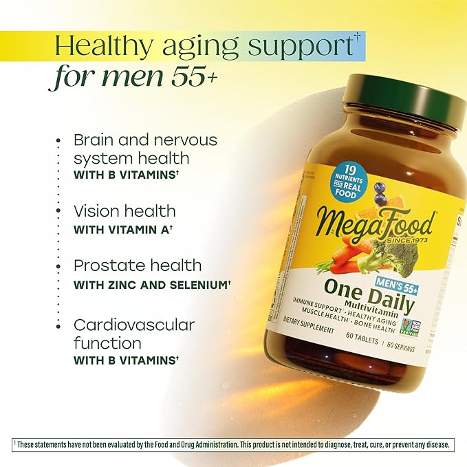 MegaFood 55歳以上の男性向けマルチビタミン ワンデイリー 男性向けマルチビタミン、メチル化B12、ビタミンD3、C、亜鉛配合 - 健康的なエイジング、骨と筋肉の健康、免疫サポート - ベジタリアン - 90粒