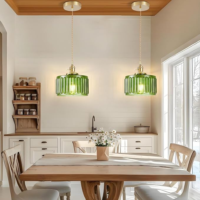 WimiSom 2 Pack Industrial Pendant Lighting, Modern Green Glass Shade Farmhouse Adjustable Hanging Light Fixtures for Kitchen Island Living Room Bedroom Hallway, Green