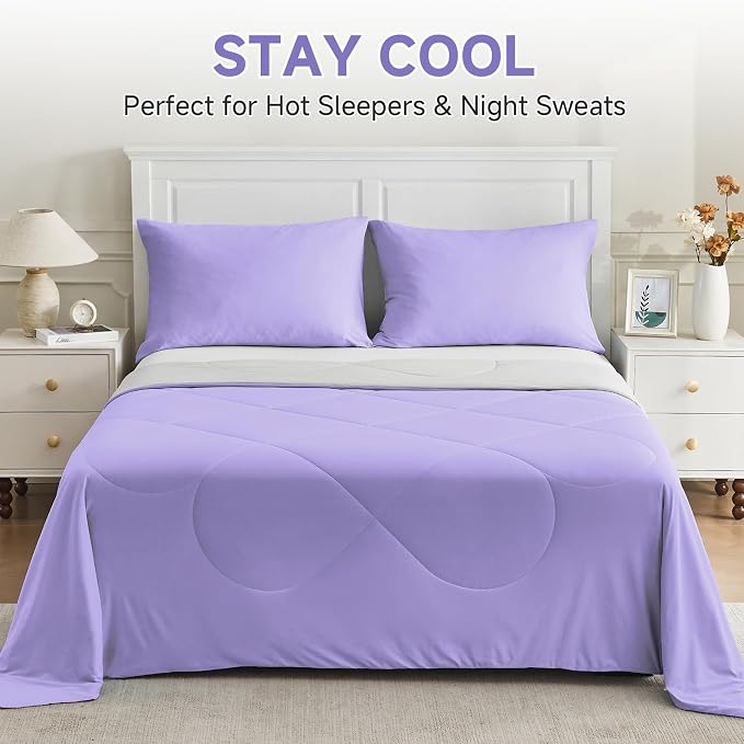 HOMFINE Cooling Comforter for Hot Sleepers - Both Sides Q-Max>0.45 Arc-Chill Cooling Fiber for All-Season, Breathable Soft Keep Cool Summer Blanket for Bed Couch Sofa, Purple, Twin