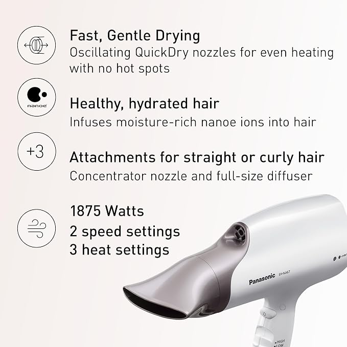 Panasonic Nanoe Salon Hair Dryer with Oscillating Quickdry Nozzle, Blow Dryer with Diffuser and Concentrator Attachments, 3 Speed Heat Settings for Easy Styling and Healthy Hair - EH-NA67-W (White)