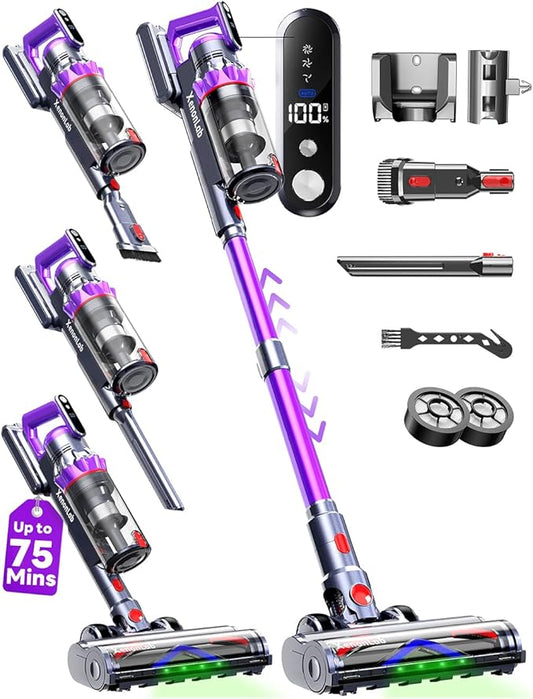 Cordless Vacuum Cleaner, 75Mins/55KPa/650W Freestanding Stick Vacuum Cleaners for Home, Rechargeable, Lightweight, Cone Filtration&Anti-Tangle,Hardwoods, Pet Hair