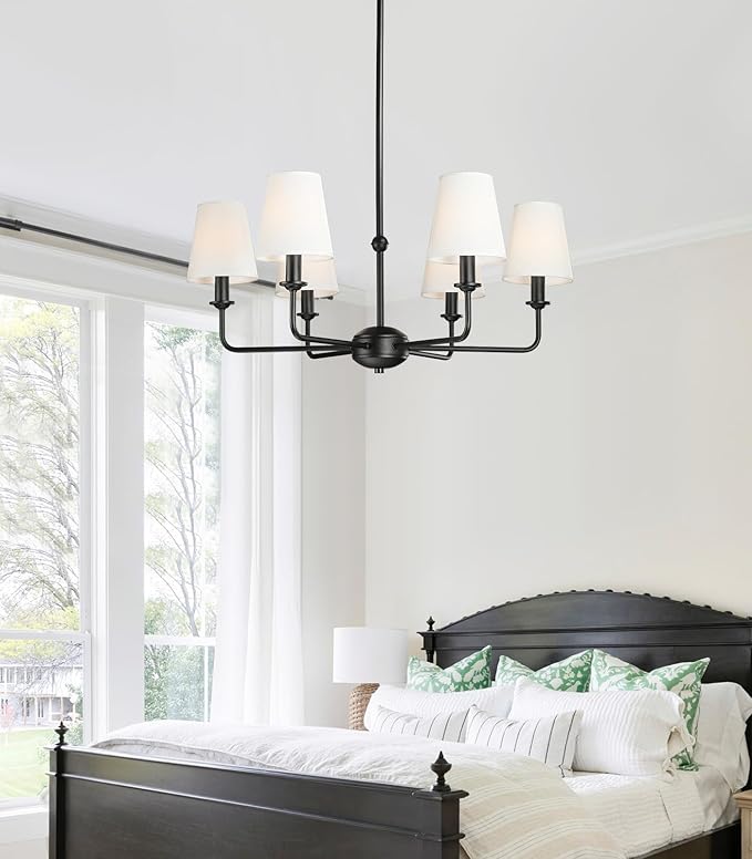 6-Light Black Pendant Chandelier with Fabric Shades, E12 Base - Farmhouse & Industrial Style for Kitchen, Living Room, Dining Room, or Bedroom Lighting