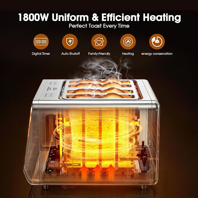 Smart Toaster 4 Slice with Dual Touchscreen & Independent Controls, 1800W Stainless Steel, Wide Slots for 6 Bread Types & Toast Settings,Single-Slice Modes, Defrost, Reheat