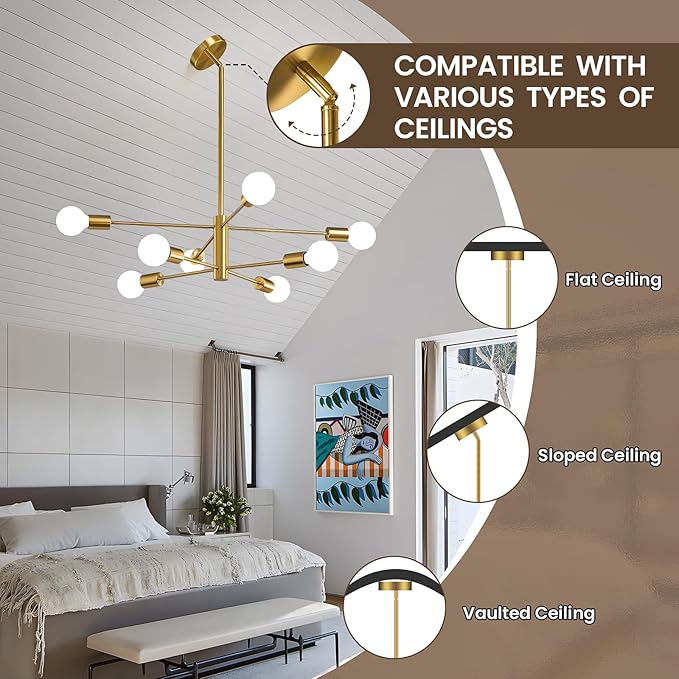 KAISITE Modern Chandelier Sputnik Ceiling Light Fixture 8-Light Gold Chandelier Dining Room Light Over Table Height Adjustable Mid Century Ceiling Hanging Chandelier for Bedroom Kitchen Foyer