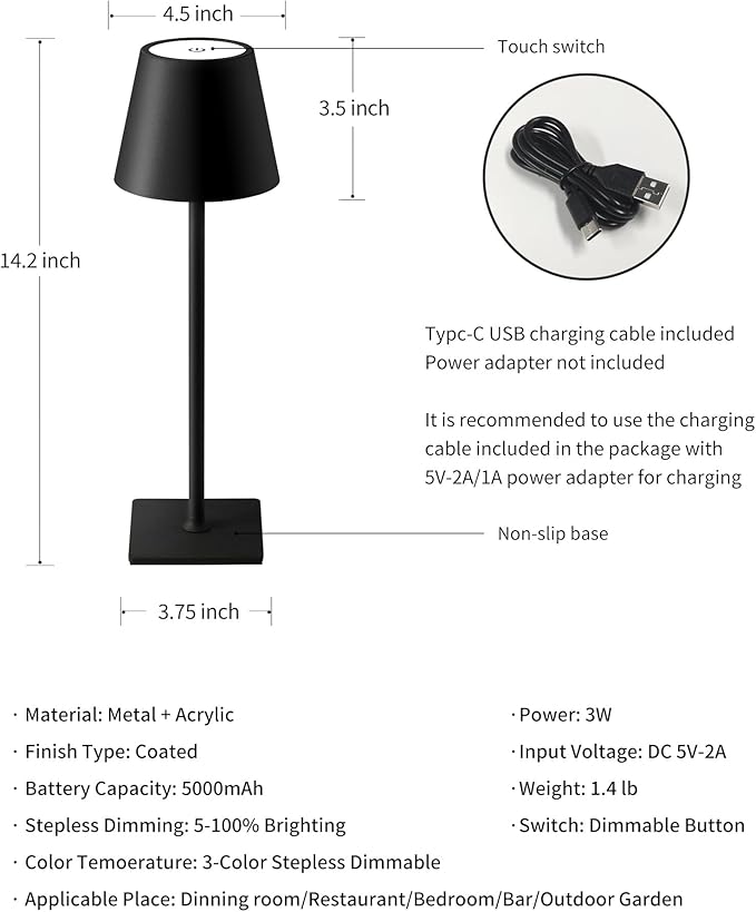 KDG Cordless Table Lamp, Portable LED Desk Lamp, 5000mAh Battery Operated, 3 Color Stepless Dimming Up, for Restaurant/Bedroom/Bars/Outdoor Party/Camping/Coffee Shop Atmosphere Night Light(Black)