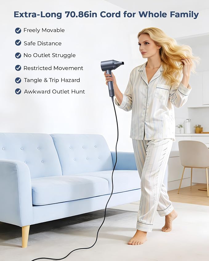 Hair Dryer, 150000 RPM Professional High-Speed Blow Dryer, Negative Ionic Hair Dryer for Fast Drying, Low Noise Thermo-Control HairDryer with Magnetic Nozzle for Home Travel Women Man