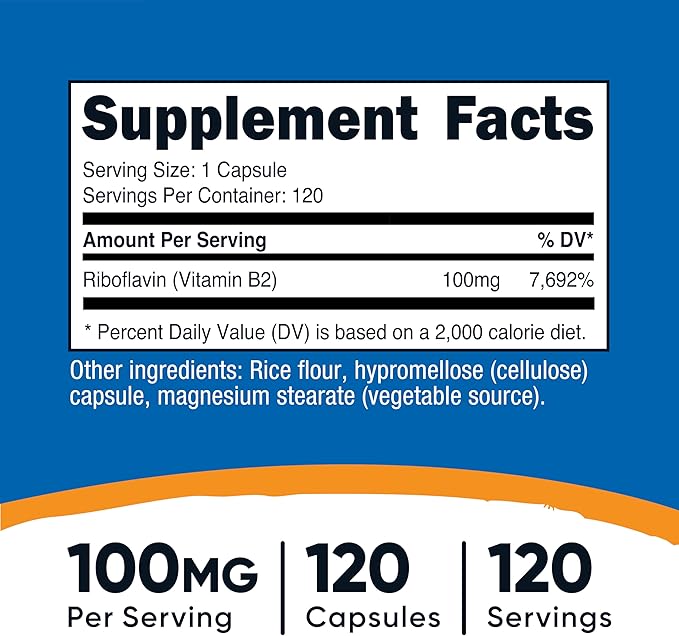 Nutricost Vitamine B2 (Riboflavine) 100 mg, 120 Gélules – Sans Gluten et Non-OGM