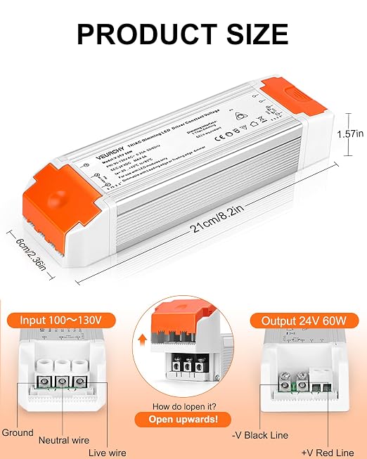 24V 60W Dimmable LED Driver,120V to DC 24V LED Lighting Low Voltage Transformers, Smooth Flicker Free Dimming 60 Watt LEDs Power Supply 24 Volt, 2 Pack