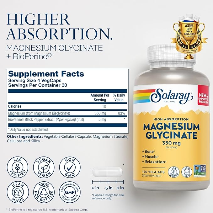 SOLARAY Vitamine D3 K2 et Glycinate de Magnésium - Ensemble pour la Santé Osseuse - Absorption du Calcium, Soutien Nerveux, Cardiaque et Immunitaire avec 5000 UI de Vitamine D, 350mg de Magnésium Chélaté, Garantie de 60 Jours, 60 gélules/120 gélules