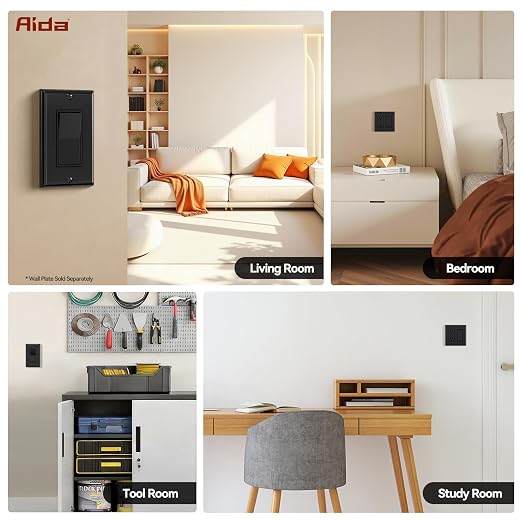 AIDA 3 Way Decorative Light Switch Wall Plate, Electric Switches,15Amp, 120/277 Volt, 3 Way Rocker Switch, Self-Grounding, Residential and Commercial Grade, UL Listed (50, Glossy Black)