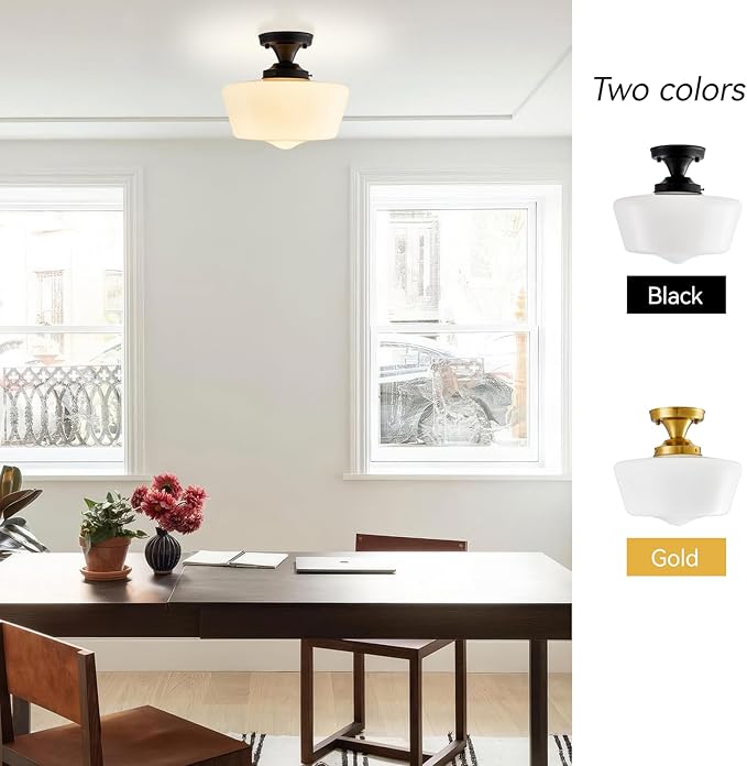 youngrender Semi Flush Mount Ceiling Light, Black Schoolhouse Milk Glass Light Fixture, Vintage Farmhouse Ceiling Light for Kitchen Hallway Entryway Bedroom Dining Room, E26