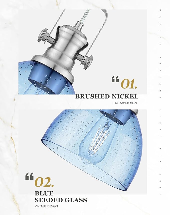 Pendant Lights Kitchen Island, 7.5" Farmhouse Pendant Lighting with Blue Seeded Glass Shade, Vintage Hanging Light Fixtures for Dining Room, Brushed Nickel Finish, AD-22151-1P-SN-BL
