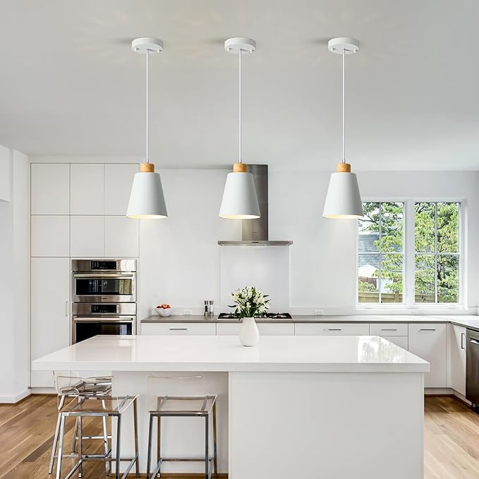 Mini Pendant Light Fixtures White Wood Pendant Lighting for Kitchen Island 7.87in Cone Modern Ceiling Hanging Lights Hollow Shade Nordic Island Light for Counter, Bar, Hallway