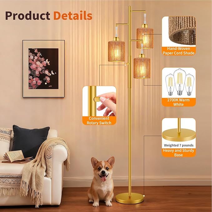 Hotsonic 72" Tall Boho Rattan Style Floor Lamp with Hand-Woven Paper Cord Shade, Dimmable Industrial Tree Standing Lamp for Living Room, Bedroom, Study Room, Office (3 x 800LM Bulbs Included) - Gold