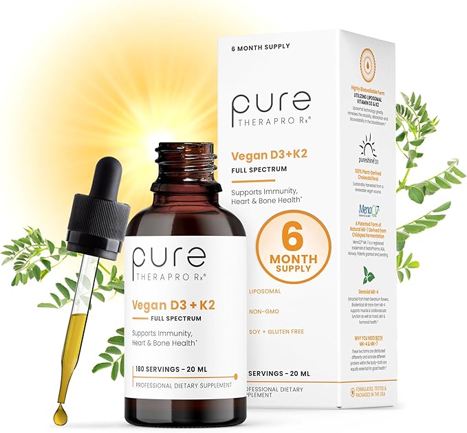 Pure Therapro Rx ヴィーガン D3 + K2 オーガニック 100% リポソーム 20ml アメリカ製 | 6ヶ月分 | 男女向けD3およびK2ビタミンサプリメントの吸収を最大化、D3ビタミン5000 IU