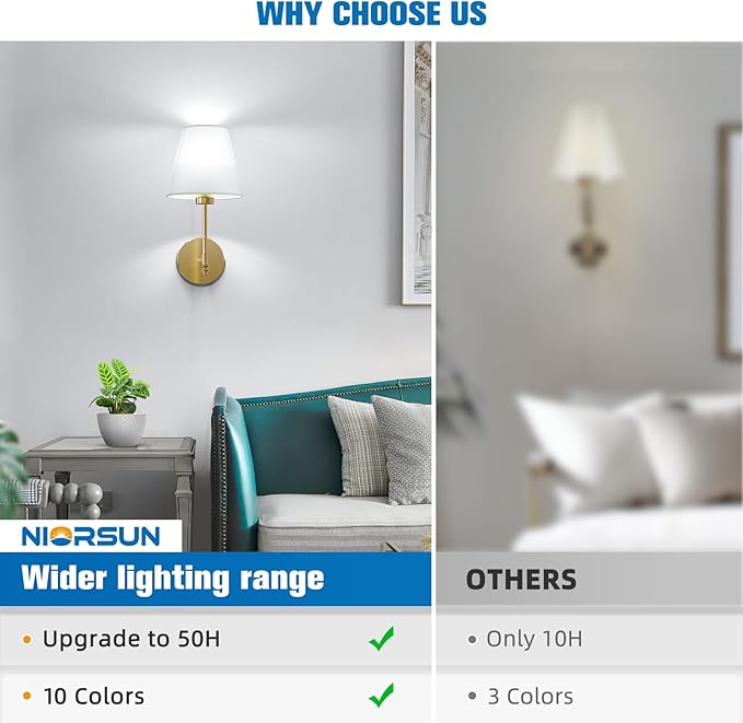 NIORSUN 14.5 inch Battery Operated Wall Sconce Set of 2,Gold Rechargeable Wall Lights with 10400mAh Dimmable Detachable Bulbs and Remote,9 Colors Wireless Sconces for Bedroom Living Room Hallway Decor