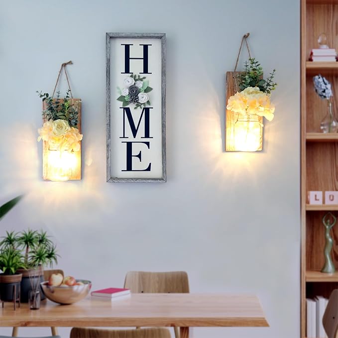 Wall Sconces Set of 2 with Remote, Farmhouse Wood Wall Art Decor for Home Living Room Bedroom Decorations with Rose Bouquet Flowers and LED Fairy Lights (Large Brown)