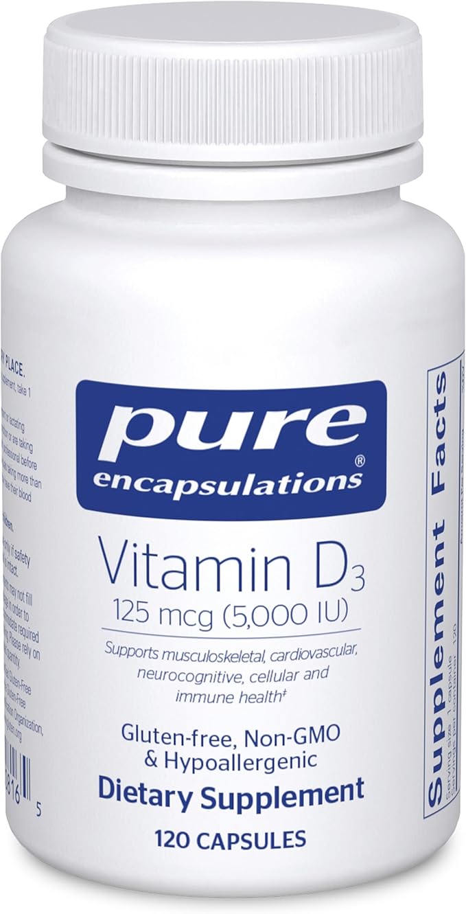 Pure Encapsulations Vitamine D3 125 mcg (5 000 UI) - Complément pour le soutien de la santé des os, des articulations, des seins, du cœur, du côlon et du système immunitaire* - avec vitamine D - 120 gélules