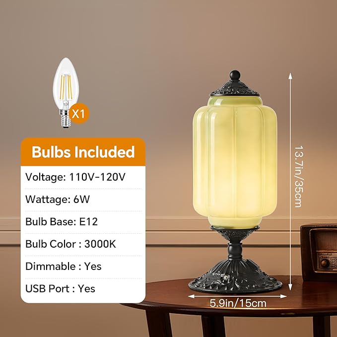 Milk Glass Table Lamp, Touch Control with USB Charging Port Vintage Bedside Desk Lamp Stepless Dimming for Bedroom Living Room Nightstand Led Bulbs Included （Green）